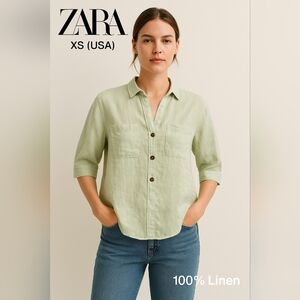 Zara Women’s Mint Green Button-Down Shirt Top 100% Linen Size XS